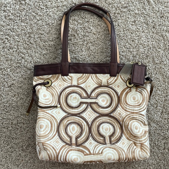 COACH AUDREY BROWN BEIGE OP ART SIGNATURE CANVAS SWIRL LEATHER TOTE BAG - Picture 1 of 4